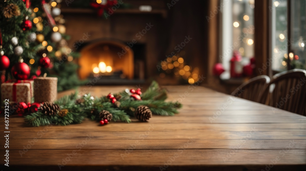wooden table with Christmas decorations wooden table with Christmas decorations