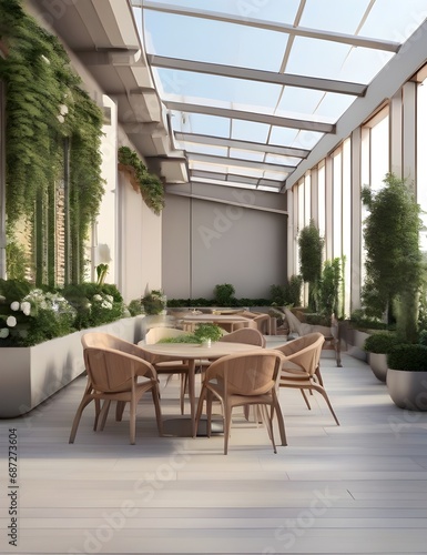 Rooftop interior with plants  chairs  and tables in the background