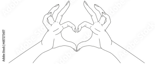 Line art drawing. Abstract hands woman and man holding heart. Vector illustration