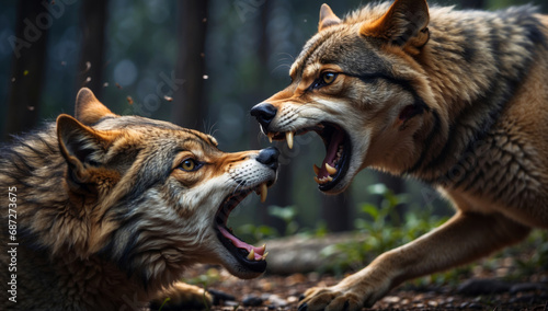 Two wolves fight each other. photo