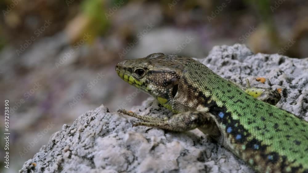 A Majestic Green and Black Lizard Perched Serenely on a Sunlit Rock A Majestic Green and Black Lizard Perched Serenely on a Sunlit Rock