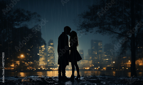 Silhouette of a young couple kissing at night with a city view at the back, urban scenery, romantic young love at night, a couple kissing on the shore
