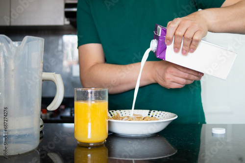preparing cereal with milk