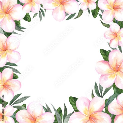 Watercolor square frame with plumeria. Summer background for design and invitations with flowers and tropical leaves