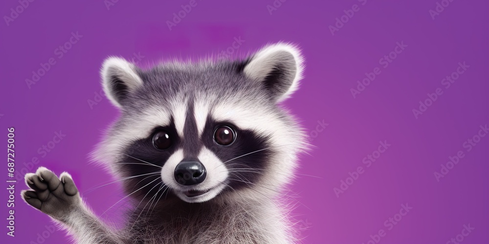 Obraz premium A cartoon raccoon character with bright, curious eyes, pointing sideways, on a pastel violet studio backdrop