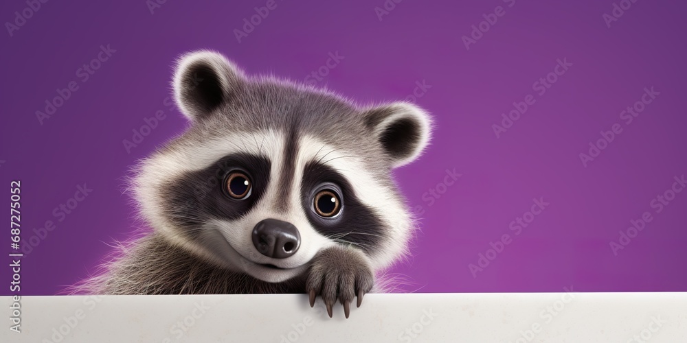 Obraz premium A cartoon raccoon character with bright, curious eyes, pointing sideways, on a pastel violet studio backdrop
