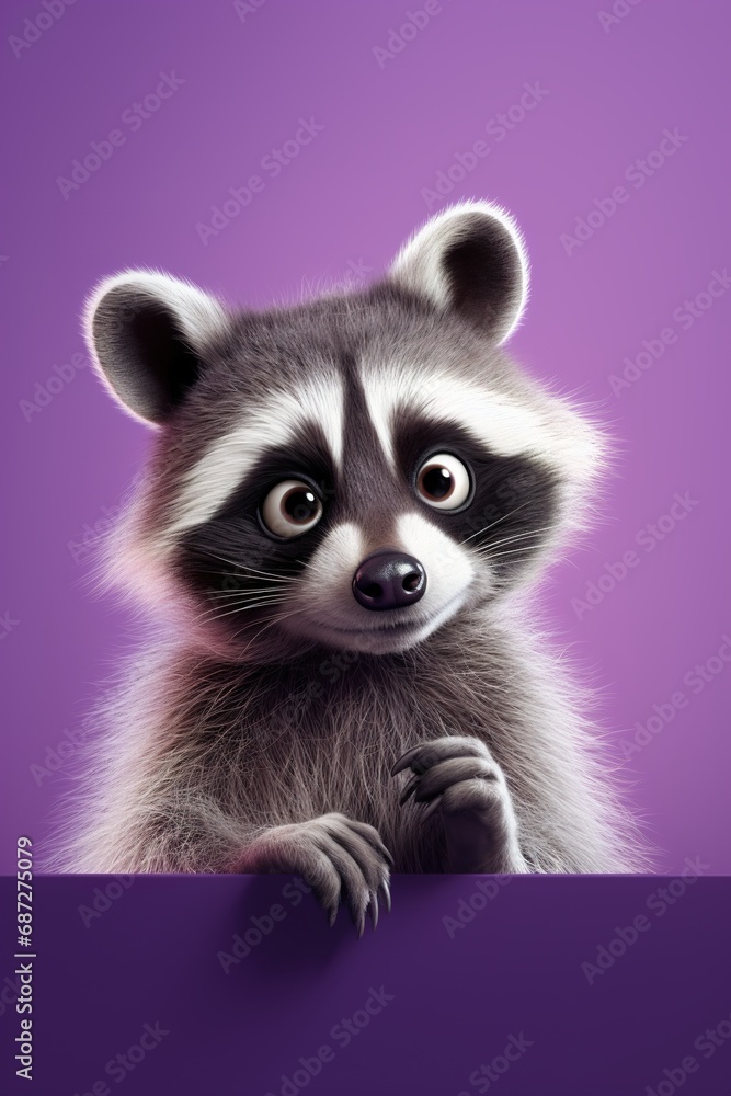 A cartoon raccoon character with bright, curious eyes, pointing sideways, on a pastel violet studio backdrop