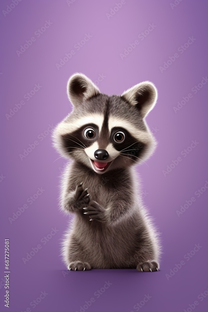 Obraz premium A cartoon raccoon character with bright, curious eyes, pointing sideways, on a pastel violet studio backdrop