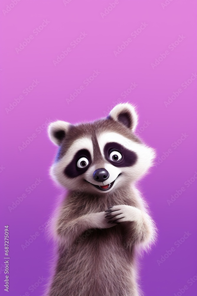 A cartoon raccoon character with bright, curious eyes, pointing sideways, on a pastel violet studio backdrop A cartoon raccoon character with bright, curious eyes, pointing sideways, on a pastel violet studio backdrop