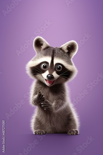 A cartoon raccoon character with bright, curious eyes, pointing sideways, on a pastel violet studio backdrop © EOL STUDIOS