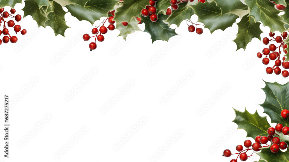 decorative holly border with a transparent background. It displays an arrangement of rich green holly leaves with sharp, pointed edges and clusters of vibrant red berries, creating a symmetrical frame