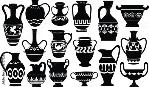 Collection of greek pots ancient pottery ceramic vases silhouettes. Isolated vector  illustrations on white background