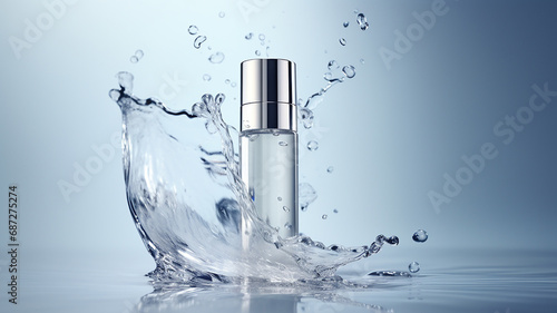 hyaluronic acid cosmetic product bottle on blue background with