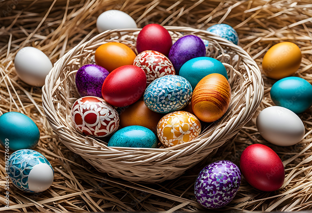 Colorful and pretty Easter eggs in the basket. Generative AI Colorful and pretty Easter eggs in the basket. Generative AI
