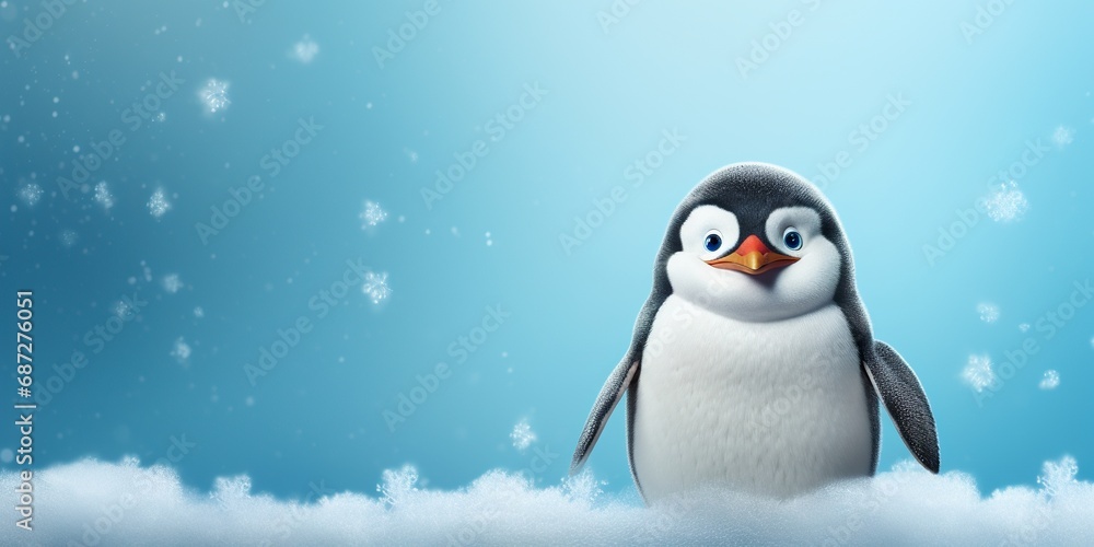 Obraz premium A chubby penguin character waddling happily, with a colorful scarf, against an icy blue studio backdrop