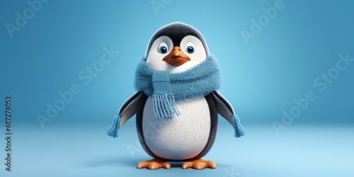 A chubby penguin character waddling happily  with a colorful scarf  against an icy blue studio backdrop