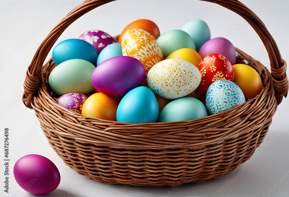 Colorful and pretty Easter eggs in the basket. Generative AI