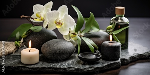 Spa Indulgence - Tranquil Table Setting with Massage Stones  Oils  and Sea Salt - Beauty Oasis   Wellness Haven