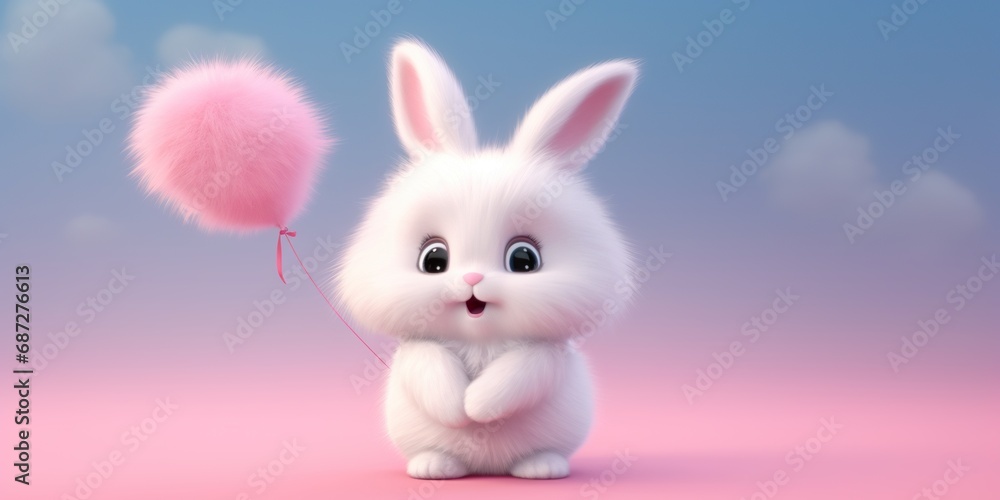 Obraz premium A fluffy bunny character holding a heart-shaped balloon, against a soft pink background, radiating affection