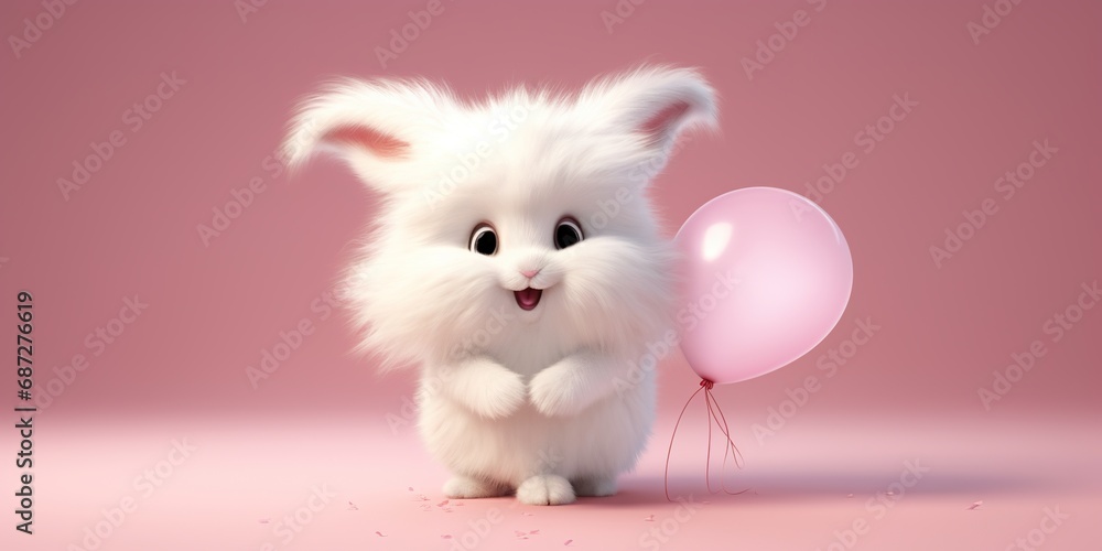 Fototapeta premium A fluffy bunny character holding a heart-shaped balloon, against a soft pink background, radiating affection