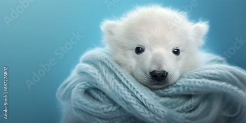 A fluffy polar bear cub wrapped in a cozy scarf, against a frosty blue studio background, looking warm and snug