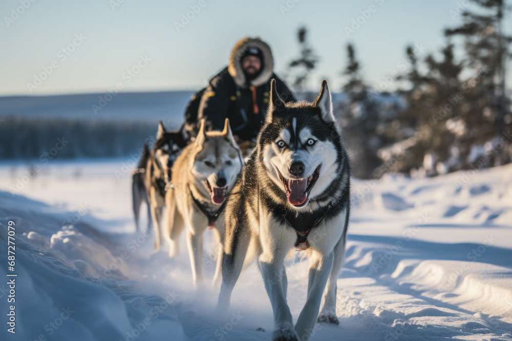 Naklejka premium A musher harnessing a sled dog in a winter landscape