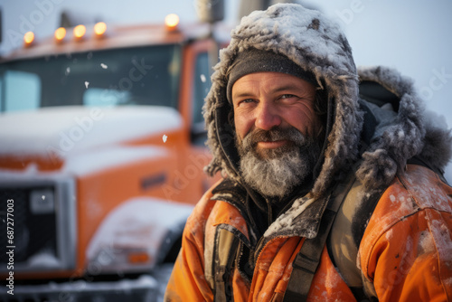 An Arctic trucker securing cargo in a blizzard 