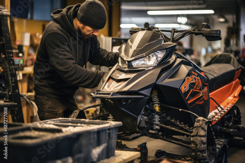 A mechanic servicing a snowmobile in a subzero workshop  photo