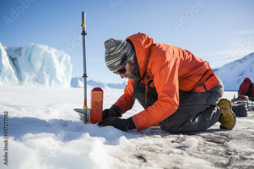 A climatologist drilling an ice core sample on a glacier  photo
