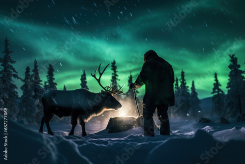 A reindeer herder tending the herd under the northern lights 