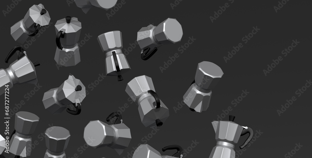 Many of flying Italian geyser coffee maker a la moka on black background. Many of flying Italian geyser coffee maker a la moka on black background.