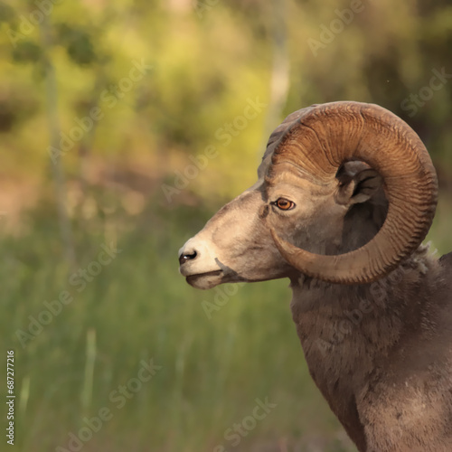 Profile of a BIg Horned Sheep in the Sun