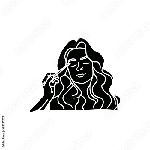 minimalist silhouette illustration of a woman with wavy hair doing make-up for an icon or logo