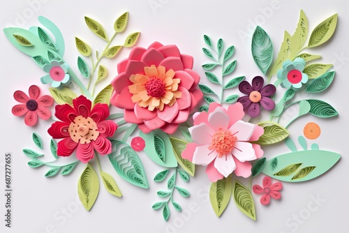 Handcrafted paper cutout with voluminous flowers on a paper, creating a handmade card as a symbol of love and spring.  photo
