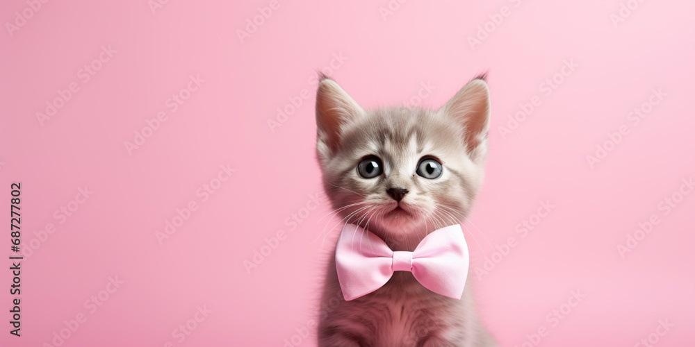 A small kitten character wearing a bow tie, pointing downwards, on a pastel pink studio background
