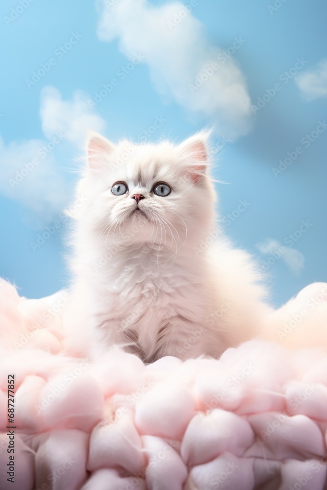 A small kitten character with big sparkly eyes, sitting on a cloud cushion, in a pastel blue studio setting