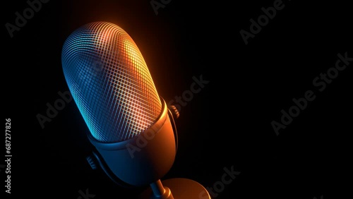 Retro metallic microphone turns around on black background 3D 4K seamless looping animation with copy space photo