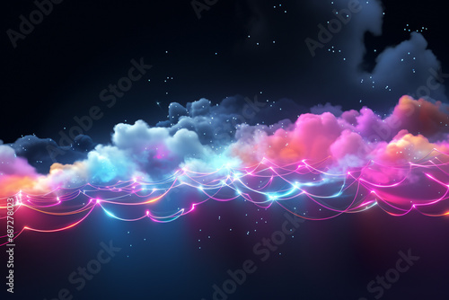 Graphic resources, festive concept. Glowing neon string surreal colorful garlands in clouds foggy dark background with copy space. Vivid glowing colors, wave or light trail painting pattern photo