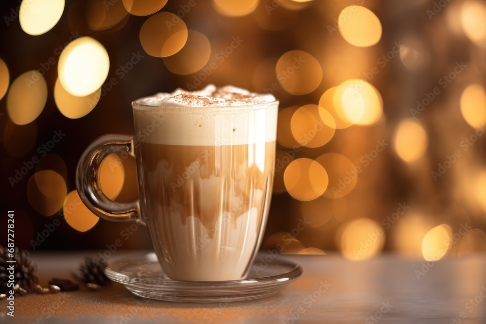 Obraz premium Cappuccino with a beautiful, lush foam stands on the table against a background of blurred lights. The atmosphere of the holiday.