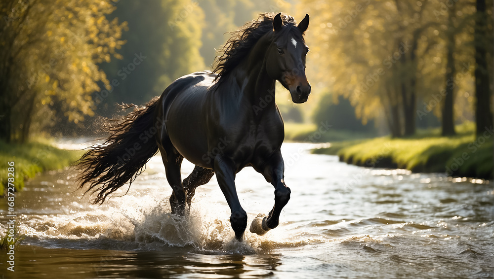 magnificent dark horse runs in the river in nature magnificent dark horse runs in the river in nature