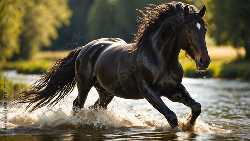 magnificent dark horse runs in the river in nature © tanya78