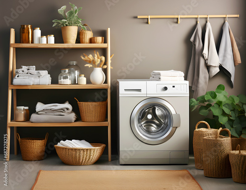 washing machines in a clean organized neat utility laundry room with copy space area © suriya