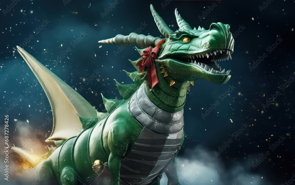 Fototapeta premium christmas, china green fassion dragon, metal dragon, flling dragon, new year festive dragon, 2024 year animal, earth dragon, genirative AI
