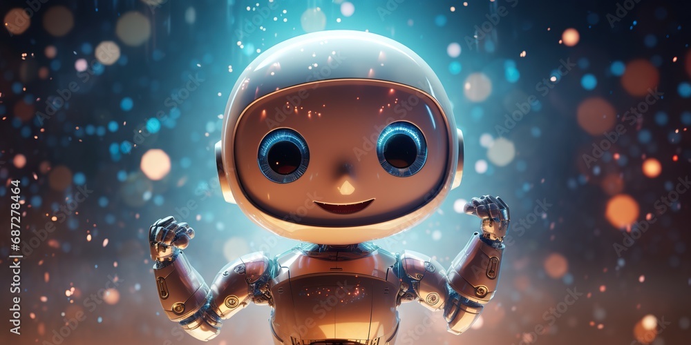 Fototapeta premium A whimsical robot character with oversized eyes and a playful expression, surrounded by digital sparkles