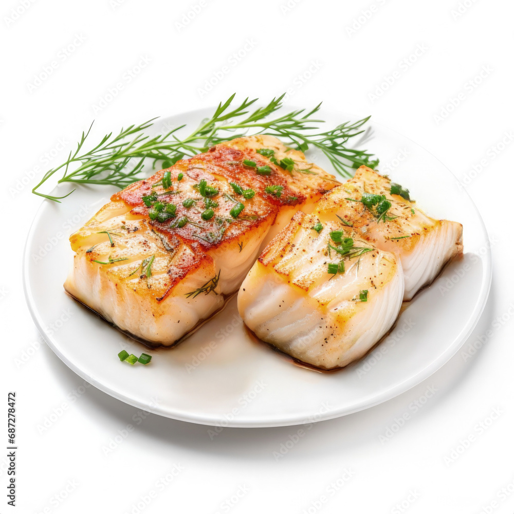 A baked cod loin with herbs isolated on white background A baked cod loin with herbs isolated on white background
