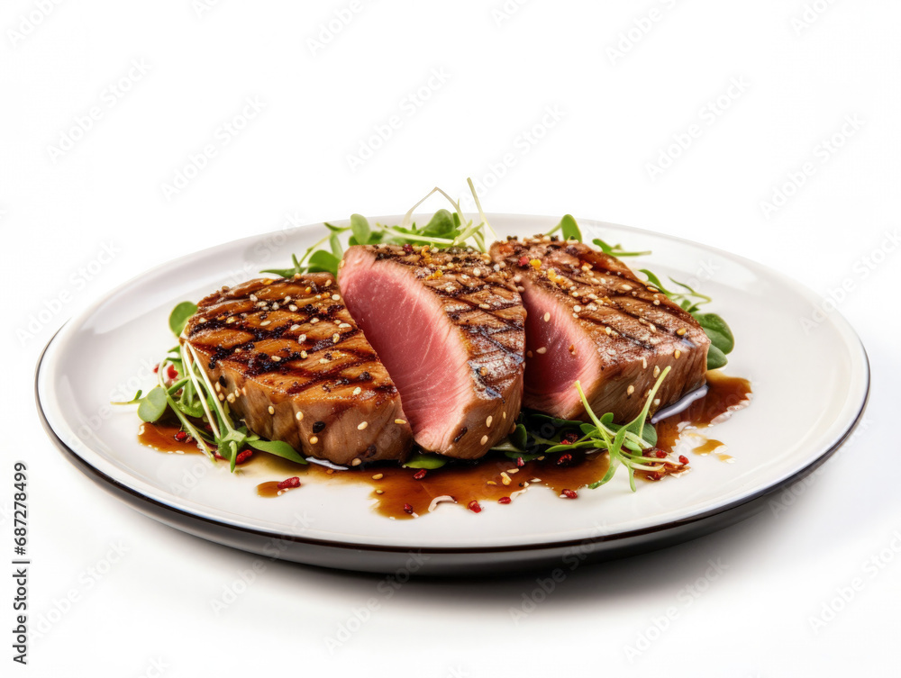 A pan-seared tuna steak with sesame seeds isolated on white background A pan-seared tuna steak with sesame seeds isolated on white background