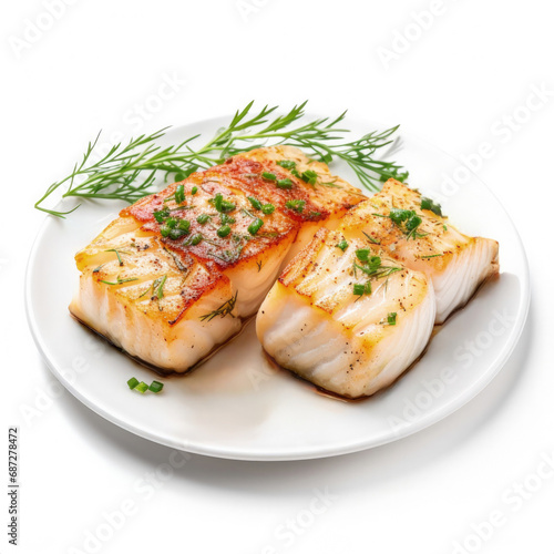 A baked cod loin with herbs isolated on white background 
