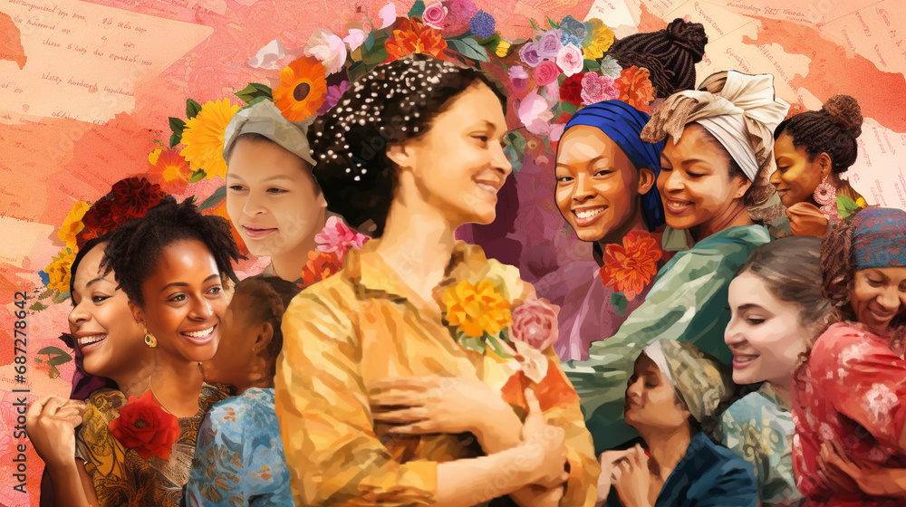 Global Sisterhood: A montage of women from different cultures and backgrounds, symbolizing the global unity of women on International Women's Day.
