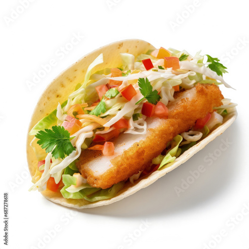 A battered fish taco isolated on white background 