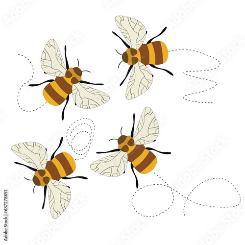 Set of cartoon bee mascot. A small bees flying on a dotted route. Wasp collection. Vector characters. Incest icon. Template design for invitation, cards. Doodle style © Alla